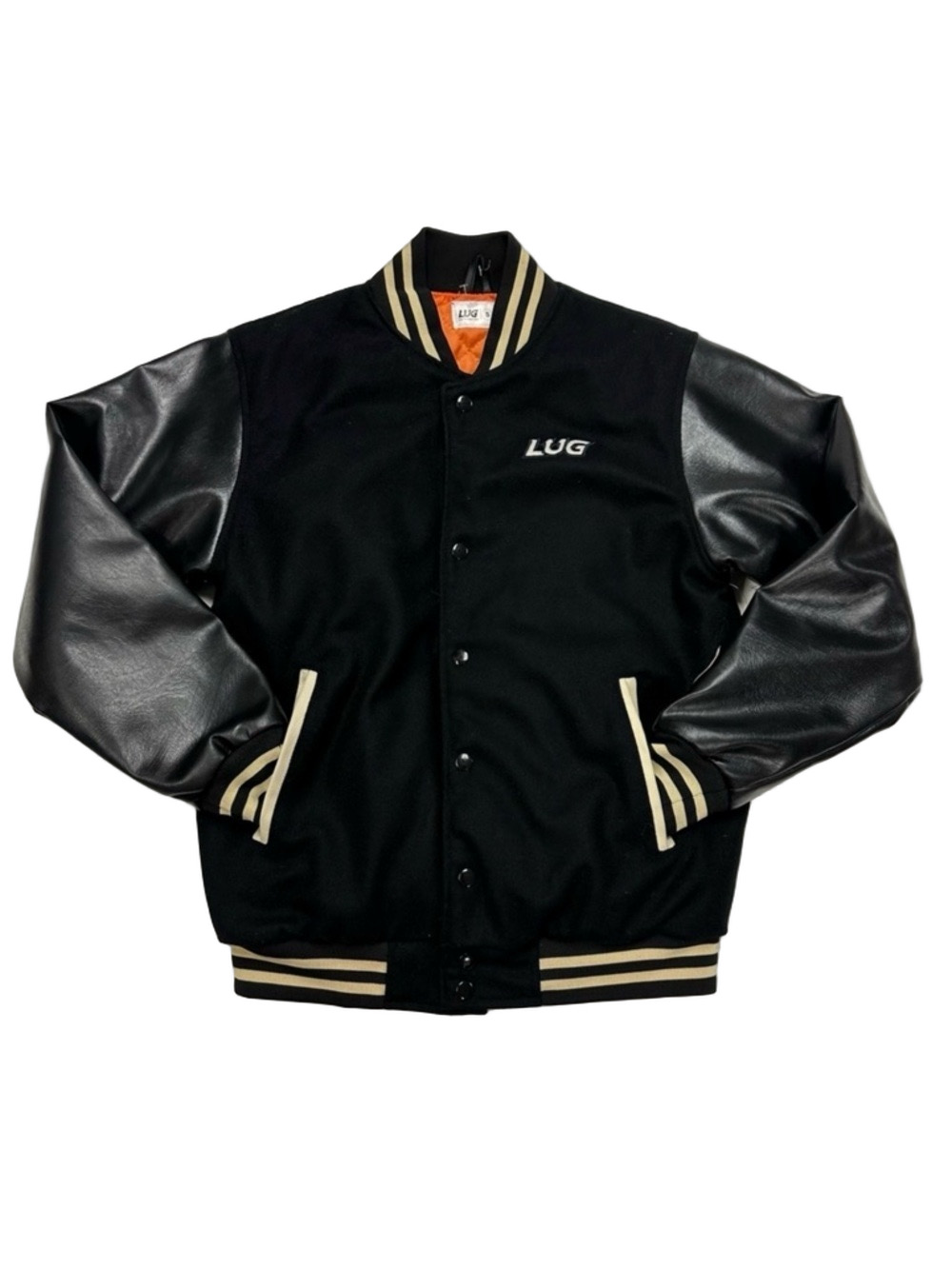 Lug mens Varsity bomber jacket black Keep the Dream Alive faux leather Small